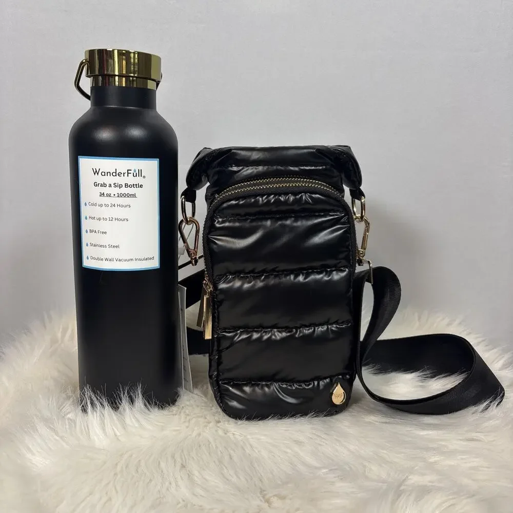 Wanderfull Hydrobag with 34oz Water Bottle Black Shiny Puffer Bag Gold Hardware